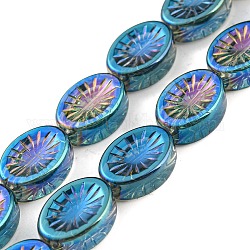 Electroplate Glass Beads Strands, Half Rainbow Plated, Oval with Flower, Turquoise, 14x10.4x4.8mm, Hole: 1.2mm, about 45pcs/strand, 25.04 inch(63.6cm)