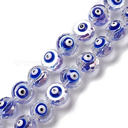 Hebras de perlas de vidrio de mal de ojo transparente, con esmalte, facetados, plano y redondo, azul, 10x8~8.5mm, agujero: 1.4 mm, aproximamente 40 pcs / cadena, 14.57'' (37 cm)