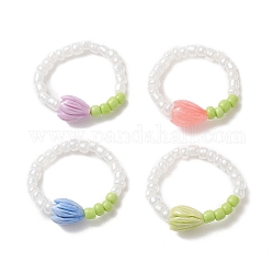 Anello elastico con perline di semi di vetro e corallo sintetico bocciolo di fiore per le donne, colore misto, diametro interno: 18mm