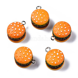 Pendentifs en résine opaque, avec boucle en fer couleur platine, nourriture imitation, Hamburger, orange, 20~21x16x13mm, Trou: 2mm