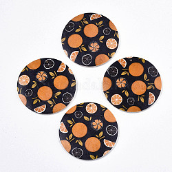Obst Seris bedruckte Holzanhänger, flache Runde mit orange Muster, Schwarz, 30x5 mm, Bohrung: 1.6 mm