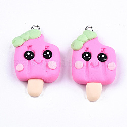Handmade Polymer Clay Charms, with Platinum Tone Iron Findings, Ice Cream, Hot Pink, 32~33.5x19~20x7mm, Hole: 2mm