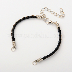 Braided PU Leather Cord Bracelet Making, with Iron Findings and Alloy Lobster Claw Clasps, Platinum, Black, 170x3mm, Hole: 4mm