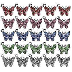 25Pcs 5 Colors Zinc Alloy Butterfly Charms, with Resin Rhinestone, Mixed Color, 12x14mm, Hole: 2.5mm, 5pcs/color