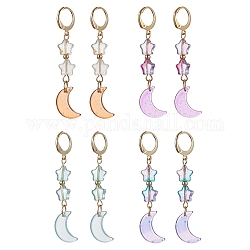 4 Pairs 4 Color Moon & Star Glass Dangle Leverback Earrings, 304 Stainless Steel Drop Earrings, Mixed Color, 55x11mm, 1 Pair/color
