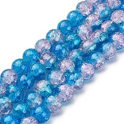 1Strand Two Tone Transparent Crackle Glass Round Beads Strands, Dodger Blue, 10mm, Hole: 1.3~1.6mm, about 80pcs/strand, 31.4 inch
