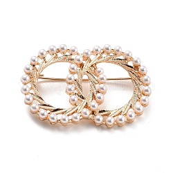 Двойные кольца переплетающиеся круги имитация жемчуга брошь, булавка на лацкан из цинкового сплава для женской шали, золотой свет, серый, 31x46x11 мм, штифты : 0.7 мм