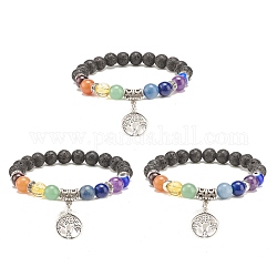 3Pcs 3 Style Natural Lava Rock & Mixed Stone Stretch Bracelets Set with Lampwork Evil Eye, 7 Chakra Bracelets with Alloy Tree of Life Charms for Women, Inner Diameter: 2 inch(5.2cm), 1Pc/style