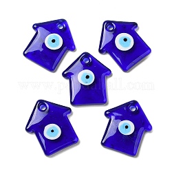 Handmade Evil Eye Lampwork Pendants, House Charm, Blue, 42.5x38.5x6mm, Hole: 4.5mm
