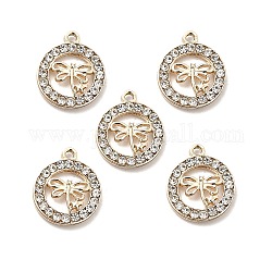 Alloy Crystal Rhinestone Pendants, Flat Round with Hollow Out Dragonfly Charms, Light Gold, 21x17.5x3mm, Hole: 2mm