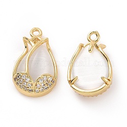 Brass Micro Pave Clear Cubic Zirconia Pendants, with Cat Eye, Flower Charm, Real 18K Gold Plated, 19x12x7mm, Hole: 1.5mm