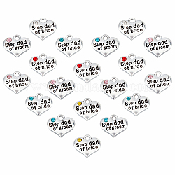 ARRICRAFT 42Pcs 7 Style Wedding Theme Antique Silver Tone Tibetan Style Alloy Heart with Step Dad of Bride Rhinestone Charms, Cadmium Free & Lead Free, Mixed Color, 14x16x3mm, Hole: 2mm, 6pcs/style