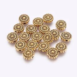 Perles en alliage de style tibétain, sans plomb et sans cadmium, plat rond, de couleur or antique , 10x4mm, Trou: 1.5mm