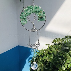 Glass Teardrop Pendant Decoration, Hanging Suncatchers, with Natural Green Aventurine Chip Tree of Life, for Window Home Garden Decoration, Butterfly, 370mm
