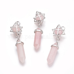 Colgantes naturales de cuarzo rosa, colgantes puntiagudos, con fornituras de latón de tono platino, Estrella & bala, 72mm, agujero: 7x5 mm
