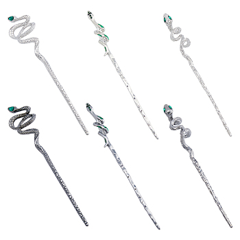 SUPERFINDINGS 6Pcs 6 Styles Snake Hair Sticks Textured Alloy Rhinestones Chopsticks Hairpin Metal Retro Hair Fork Silver Vintage Green Decorative Hair Sticks for Women Thick Long Hair OHAR-FH0001-12