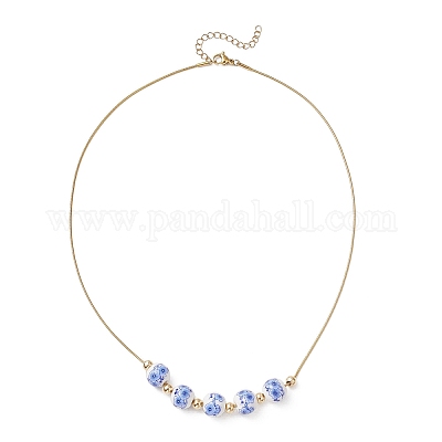 Ожерелья-змейки из фарфора с круглыми бусинами ручной работы из нержавеющей стали 304 с цветочным принтом NJEW-JN05361-1