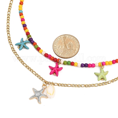 Подвеска из эмали и окрашенной синтетической бирюзы с морскими звездами и натуральными ракушками каури NJEW-JN05465-1