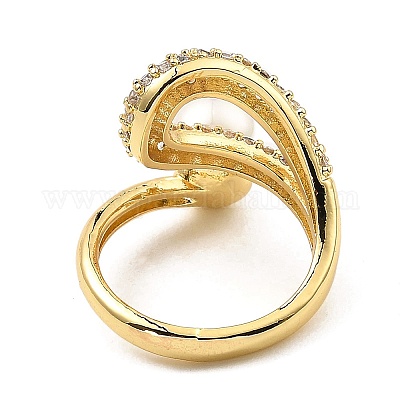 Открытое кольцо-манжета с полым каплевидным цирконием и пластиковыми бусинами из искусственного жемчуга RJEW-G294-03G-1