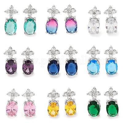 Латунные серьги-гвоздики с цветком и овалом из кубического циркония для женщин EJEW-I304-26P-1