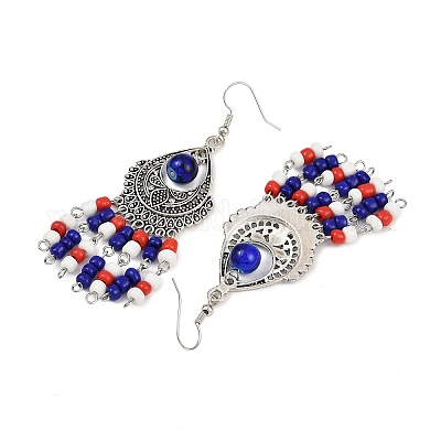 Серьги-люстры из сплава стеклянных бусин в форме слезы EJEW-JE06509-02-1