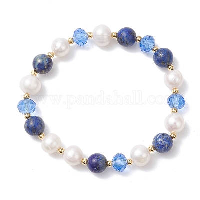Эластичные браслеты из бусин натурального лазурита и культивированного пресноводного жемчуга BJEW-JB12856-01-1