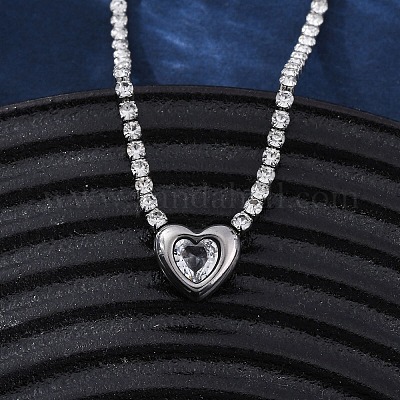 Ожерелья из нержавеющей стали 304 с подвеской в форме сердца из прозрачного кубического циркония для женщин NJEW-Z044-15P-02-1