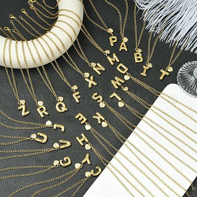 304 нержавеющая сталь прозрачный кубический цирконий сердце и буква подвеска панцирное ожерелье цепочка для женщин NJEW-FS00012-27Y-1