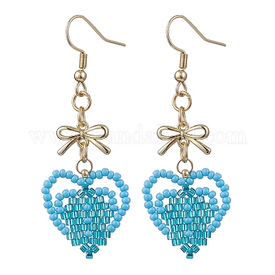 Серьги-сердечки из стеклянных бусин ручной работы EJEW-MZ00577-1