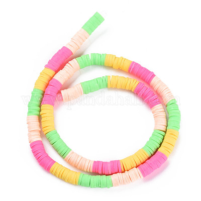 Fixed 4 Color Handmade Polymer Clay Bead Strands, Heishi Beads, Disc/Flat  Round, Spring Green & Bisque & Hot Pink & Yellow, 6x0.3~1.5mm, Hole