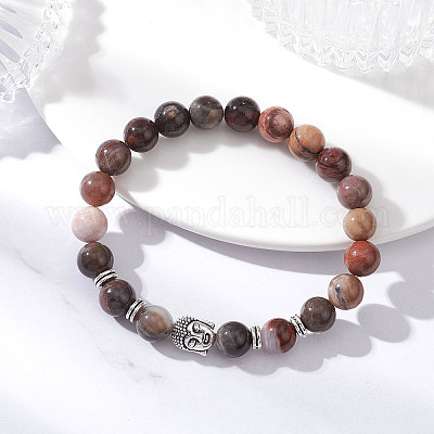 Круглые эластичные браслеты из натурального окаменевшего дерева BJEW-JB12610-01-1