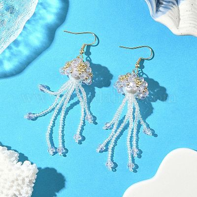 Серьги-подвески в форме медузы из стеклянных бусин из нержавеющей стали 304 EJEW-MZ00553-01-1