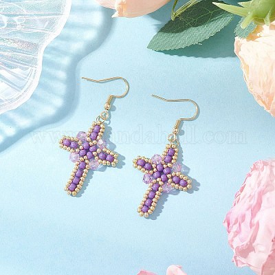 Серьги-крестики из нержавеющей стали 304 со стеклянными семенами EJEW-MZ00506-03-1