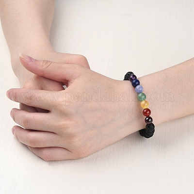 Браслеты из бусин чакра из натуральной лавы BJEW-JB02225-01-1