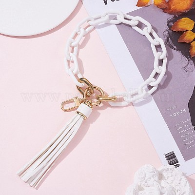 PandaHall Chain Link Wristlet Keychain, Acrylic Bracelet Tassel Keychain, with Alloy Findings, White, 29cm Acrylic Others White