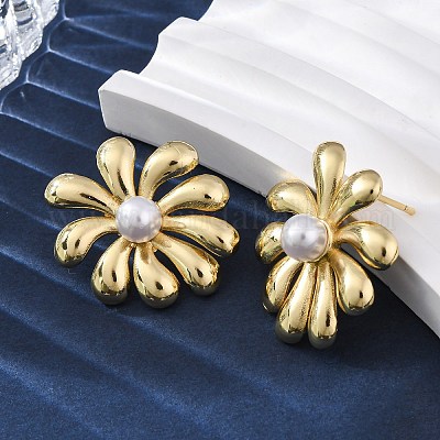 Серьги-гвоздики из искусственного жемчуга с цветком из латуни и АБС-пластика EJEW-U062-05G-1