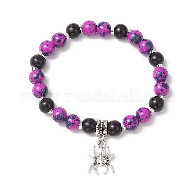 Тематика хэллоуина выпечка расписные стеклянные круглые бусины эластичные браслеты для женщин BJEW-MZ00186-02-1