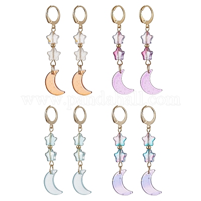 4 пара 4-х цветных сережек с подвесками из стекла в форме луны и звезды EJEW-JE05605-1