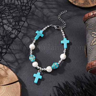 Браслеты с подвесками в виде черепа из латуни с синтетической бирюзой BJEW-JB12192-01-1