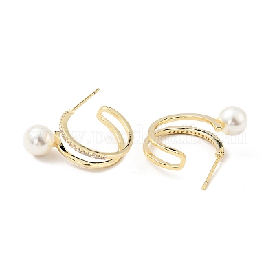 С-образные серьги из прозрачного циркония с акриловой жемчужиной EJEW-G297-04G-1