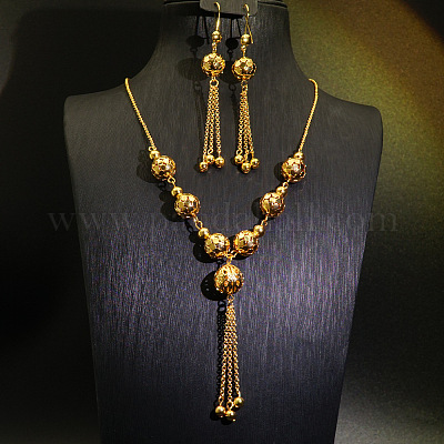 Ожерелья с подвесками-кисточками из круглых бусин и латуни и комплекты серег-колец FS-WGD59F5-03-1