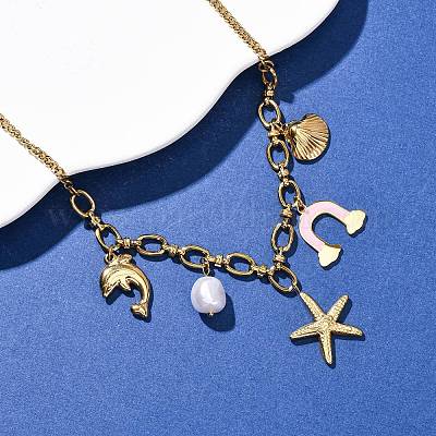 Женские кулоны в виде ракушек дельфинов и морских звезд из нержавеющей стали 304 с розовой эмалью NJEW-F346-01G-1