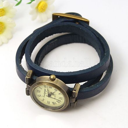 ファッション、トリプルラップレザーウォッチブレスレット  合金の腕時計の部品と  アンティークブロンズ  ミッドナイトブルー  610~620x9x6mm X-WACH-G009-02-1