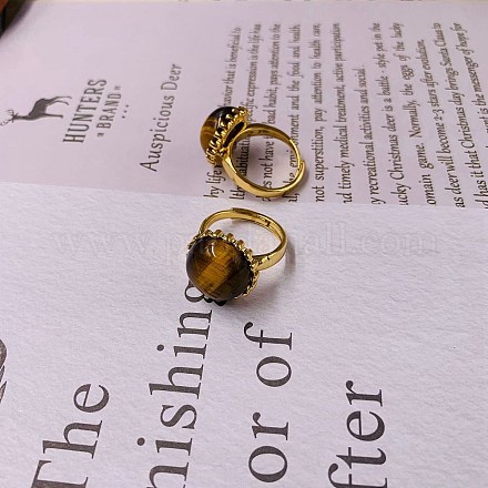 天然タイガーアイのハーフラウンド調節可能なリング  黄金の真鍮の指輪  ゴールドカラー  内径：18mm PW-WG44366-01-1