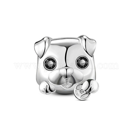 Tinysand ロジウムメッキ 925 スターリングシルバー子犬ヨーロピアン ビーズ  キュービックジルコニア付き  コインで犬の頭  プラチナ  11.37x9.88x12.00mm  穴：4.56mm TS-C-265-1