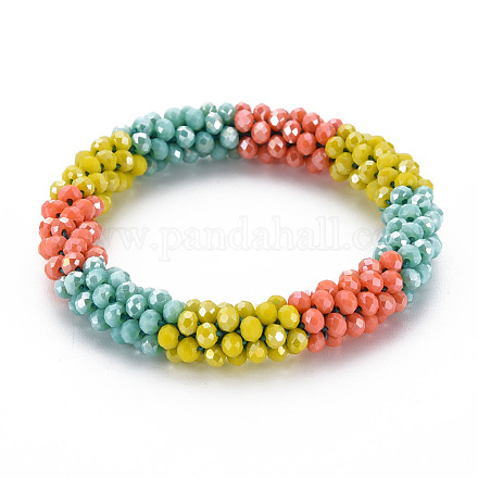 Bracelet extensible tressé en perles de verre au crochet BJEW-T016-08G-1