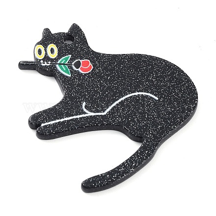 猫がテーマのアクリルパーツ  グリッターパウダー付き  ローズ  ブラック  42x38x2.3mm  穴：1.8mm MACR-C027-01C-1