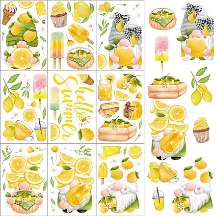 GORGECRAFT 9 Styles 12x8 Inch Gnome Window Clings Summer Static Window Stickers St Patricks Day Decorations Hello Summer Fruit Lemon Ice Cream PVC Static Window Cling for Wall Glass DIY-WH0304-915B-1