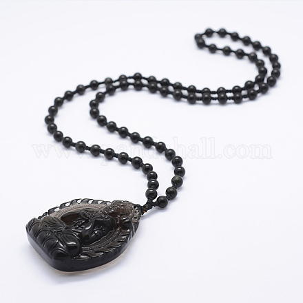 Natural Golden Sheen Obsidian Beaded Pendant Necklaces NJEW-E116-07-1