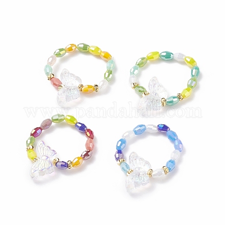 Эластичное кольцо с бабочкой из стекла и латуни для женщин RJEW-JR00463-1